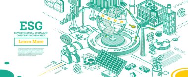 ESG Concept of Environmental, Social and Governance. Globe Model of the Earth. Vector Illustration. Sustainable Development. Isometric Outline Concept. Green Color. Alternative Energy. clipart