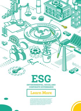 ESG Çevre, Sosyal ve Yönetim kavramı. Vektör İllüstrasyonu. Sürdürülebilir Gelişim. Isometric Taslak Konsepti. Yeşil renk. Alternatif Enerji. Konuşan İnsanlar.