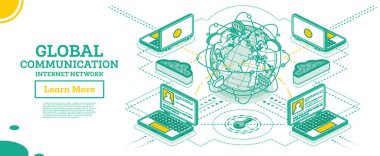 Dünya ile Isometric Küresel İletişim Ağı. Vektör İllüstrasyonu. Globe, Laptoplar ve Bağlı Hatlar Ana Hattı. Ağ ve Veri Değişimi Gezegen Üzerinde.