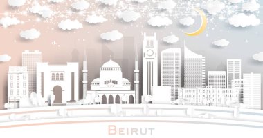 Beyrut Lübnan Şehri Beyaz Binalar, Ay ve Neon Garland ile Kağıt Kesiği Biçimli Skyline. Vektör İllüstrasyonu. Seyahat ve Turizm Konsepti. Tarihi işaretli Beyrut Şehir Manzarası.