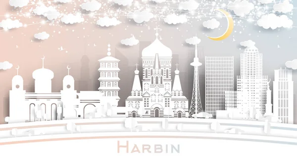 Harbin China City Skyline Estilo Corte Papel Con Edificios Blancos — Archivo Imágenes Vectoriales