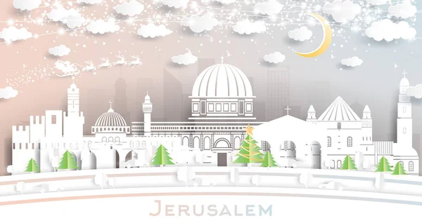 Jerusalem Israel City Skyline Paper Cut Style White Buildings Moon — стоковий вектор