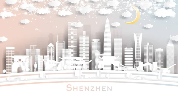 Shenzhen China City Skyline Paper Cut Style White Buildings Moon — Stock Vector