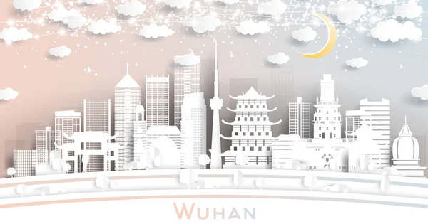 Ухань China City Skyline Paper Cut Style White Buildings Moon — стоковый вектор