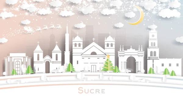 Sucre Bolivia City Skyline Style Paper Cut Avec Flocons Neige — Image vectorielle