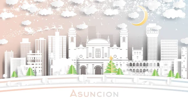スノーフレーク ムーン ネオンガーランドとペーパーカットスタイルでアスンションパラグアイシティスカイライン ベクトルイラスト クリスマスと新年のコンセプト サンタクロースはそりに乗っている ランドマークとアスンシオンの街の風景 — ストックベクタ