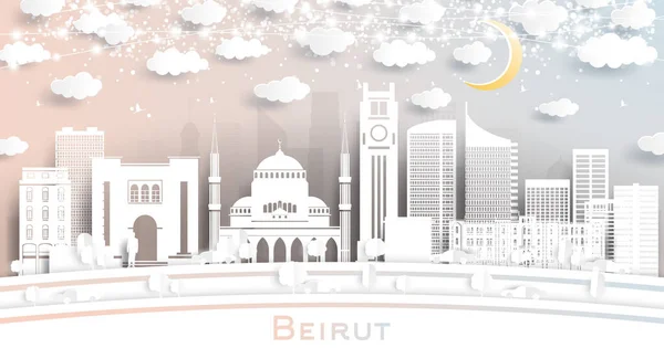 贝鲁特黎巴嫩市天际线剪纸风格与白色建筑 月亮和霓虹灯加兰 病媒说明 旅行和旅游概念 贝鲁特具有地标的城市景观 — 图库矢量图片