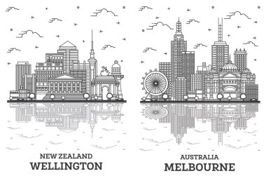 Melbourne Avustralya ve Wellington Yeni Zelanda City Skyline Set 'i Modern Binalar ve Yansımalar Beyazın Üzerinde İzole Edildi. Yer İmlerine sahip şehir manzarası.