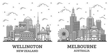 Melbourne Avustralya ve Wellington Yeni Zelanda City Skyline Set 'in ana hatlarıyla Modern ve Tarihi Binalar beyaza izole edilmiştir. Yer İmlerine sahip şehir manzarası.