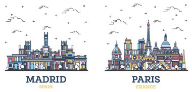Paris France ve Madrid 'in ana hatlarıyla İspanya' nın Skyline seti ve beyaza izole edilmiş renkli tarihi binalar. Yer İmlerine sahip şehir manzarası.