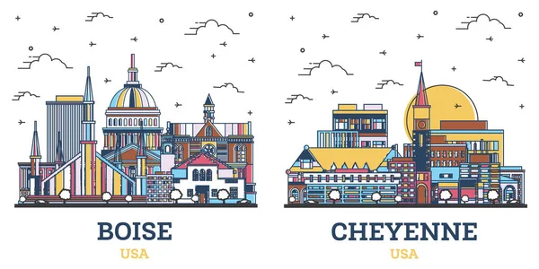 Outline Cheyenne Wyoming Boise Idaho City Skyline Set Colored Modern — Stock Photo, Image