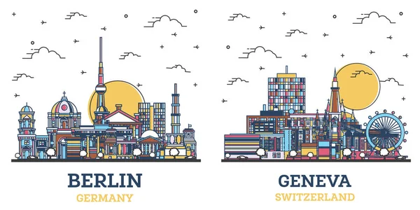 Περίγραμμα Γενεύη Ελβετία Και Βερολίνο Γερμανία City Skyline Set Colored — Φωτογραφία Αρχείου