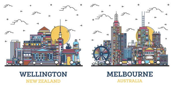 Disposition Melbourne Australien Och Wellington Nya Zeeland City Skyline Set — Stockfoto