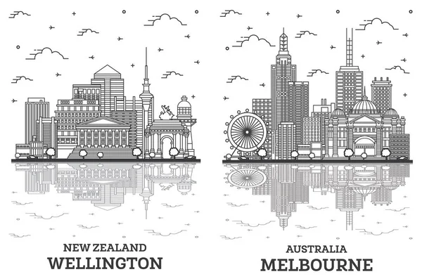 Delineamento Melbourne Australia Wellington New Zealand City Skyline Set Com — Fotografia de Stock