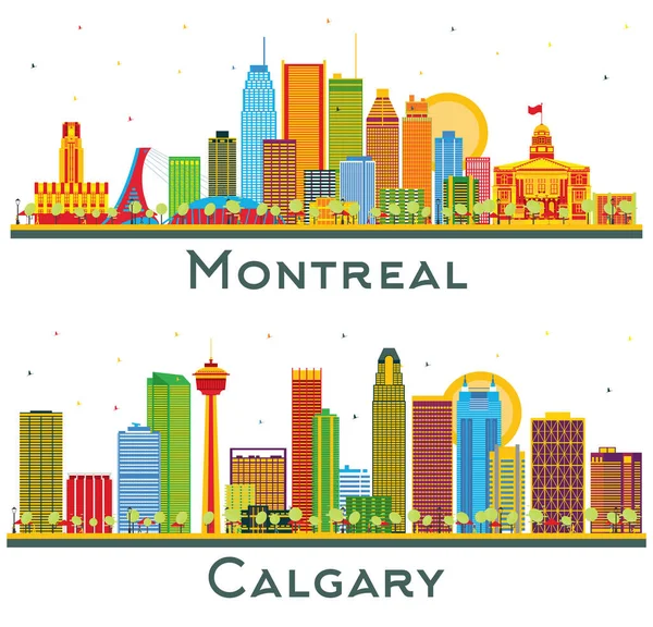 卡尔加里和蒙特利尔加拿大城市天际线设置与色彩建筑隔离在白色 具有历史建筑的商务旅行和旅游概念 有地标的城市景观 — 图库照片