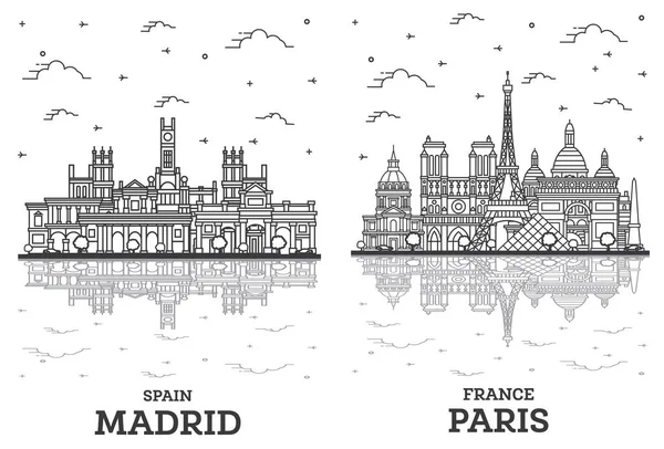 Obrys Paříž Francie Madrid Španělsko Město Skyline Set Historickými Budovami — Stock fotografie