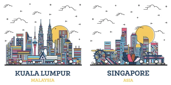 Singapur Kuala Lumpur Ana Hatlarıyla Malezya Şehri Skyline Set Renkli — Stok fotoğraf
