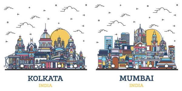 Zarys Mumbai Kalkuta India City Skyline Zestaw Kolorowymi Zabytkowymi Budynkami — Zdjęcie stockowe