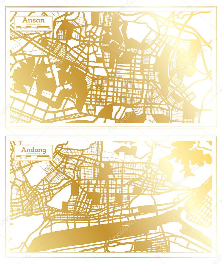 Andong and Ansan South Korea City Map Set in Retro Style in Golden Color. Outline Map.