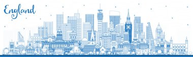 Blue Buildings ile İngiltere City Skyline 'ın ana hatları. Vektör İllüstrasyonu. Tarih Mimarisi kavramı. Landmark 'lı İngiltere Şehri. Bristol. Leeds. Sheffield. Londra.