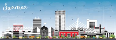Renkli Binalar ve Mavi Gökyüzü ile Swansea Wales City Skyline. Vektör İllüstrasyonu. Kent simgeleriyle Swansea UK City manzarası. Tarihi Mimariyle İş Seyahati ve Turizm Konsepti.