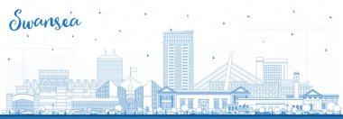 Mavi Binalı Swansea Wales City Skyline 'ın taslağı. Vektör İllüstrasyonu. Kent simgeleriyle Swansea UK City manzarası. Tarihi Mimariyle İş Seyahati ve Turizm Konsepti.