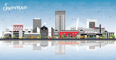 Renkli Binalar, Mavi Gökyüzü ve Yansımalar ile Swansea Wales City Skyline. Vektör İllüstrasyonu. Kent simgeleriyle Swansea UK City manzarası. Tarihi Mimariyle İş Seyahati ve Turizm Konsepti.