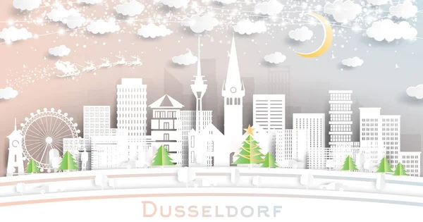 Düsseldorf Německo City Skyline Paper Cut Style Vločkami Měsíc Neon — Stockový vektor