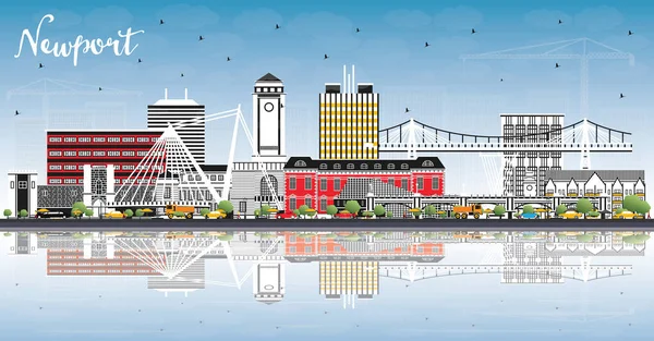 纽波特威尔士市天际线与色彩建筑 蓝天和反光 病媒说明 新港英国城市景观与地标 具有历史建筑的商务旅行和旅游概念 — 图库矢量图片