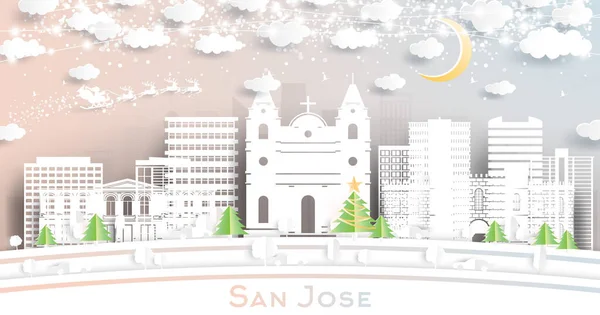 スノーフレーク ムーン ネオンガーランドで紙カットスタイルでサンホセコスタリカシティスカイライン ベクトルイラスト クリスマスと新年のコンセプト サンタクロースはそりに乗っている サンノゼ市の風景 — ストックベクタ