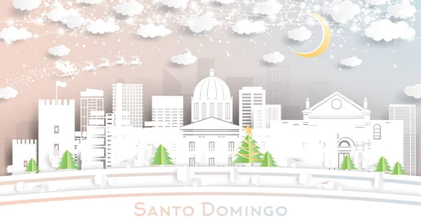 Santo Domingo Ciudad Dominicana Skyline Estilo Corte Papel Con Copos — Vector de stock