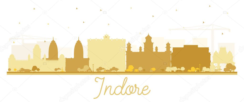 Indore India City Skyline Silhouette with Golden Buildings Isolated on White. Vector Illustration. Business Travel and Tourism Concept with Historic and Modern Architecture. Indore Cityscape with Landmarks.
