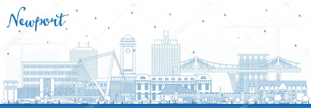 Outline Newport Wales City Skyline with Blue Buildings. Vector Illustration. Newport UK Cityscape with Landmarks. Business Travel and Tourism Concept with Historic Architecture.
