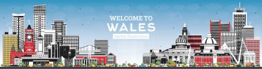 Gray Buildings ve Blue Sky ile Wales City Skyline 'a hoş geldiniz. Vektör İllüstrasyonu. Tarih Mimarisi kavramı. Galler Şehri 'nin simgeleriyle. Cardiff. Swansea 'de. Newport.
