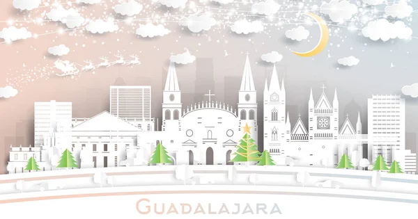 Guadalajara Mexico City Skyline Paper Cut Style Snowflakes Moon Neon — Stock Vector