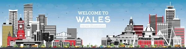 灰色の建物と青空とウェールズシティスカイラインへようこそ ベクトルイラスト 歴史的建造物の概念 ウェールズのランドマークを持つ都市景観 カーディフ Swansea ニューポート — ストックベクタ