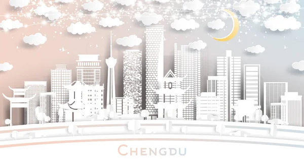 Chengdu China City Skyline Paper Cut Style White Building Moon — стоковый вектор