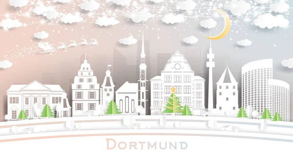 Dortmund Germany City Skyline Paper Cut Style Snowflakes Moon Neon — Διανυσματικό Αρχείο