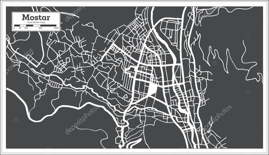 Mostar Bosnia and Herzegovina City Map in Black and White Color in Retro Style. Outline Map. Vector Illustration.