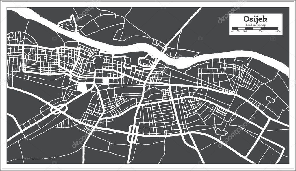 Osijek Croatia City Map in Black and White Color in Retro Style. Outline Map. Vector Illustration.