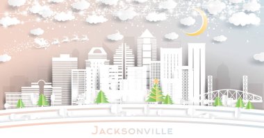 Jacksonville Florida City Skyline 'da Kar Taneleri, Ay ve Neon Garland ile birlikte. Vektör İllüstrasyonu. Noel ve Yeni Yıl Kavramı. Noel Baba kızakta. Jacksonville ABD Şehir Manzarası.