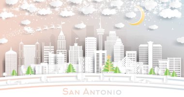 Kartaneleri, Ay ve Neon Garland 'lı San Antonio Teksas City Skyline' ı. Vektör İllüstrasyonu. Noel ve Yeni Yıl Kavramı. Noel Baba kızakta. San Antonio Şehri.