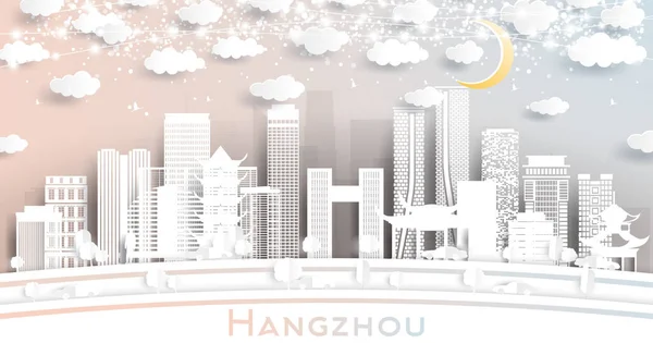 Hangzhou China City Skyline Paper Cut Style White Buildings Moon — Stock Vector