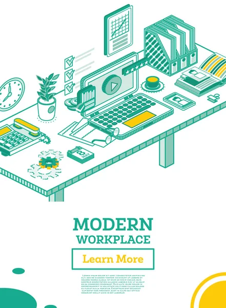 Isometric Modern Business Workplace Vektorová Ilustrace Obrysové Pracoviště Notebookem Chytrým — Stockový vektor