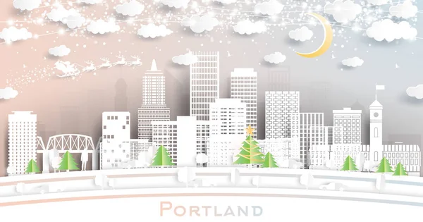 Portland Oregon City Skyline Kar Taneleri Neon Garland Ile Kağıt — Stok Vektör