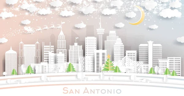 San Antonio Texas City Skyline Paper Cut Style Snowflakes Moon — Stock Vector