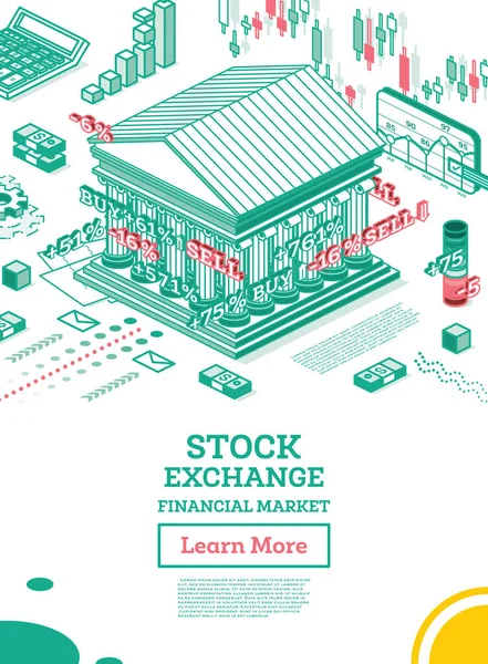 Izometrická Burzovní Budova Obrysová Banka Vektorová Ilustrace Obchodní Finanční Okres — Stockový vektor