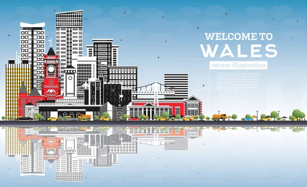 Welcome Wales City Skyline Gray Buildings Blue Sky Vector Illustration — Stock Vector