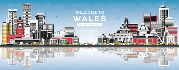 Welcome Wales City Skyline Gray Buildings Blue Sky Vector Illustration — Stock Vector