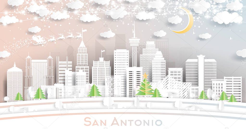 San Antonio Texas City Skyline in Paper Cut Style with Snowflakes, Moon and Neon Garland. Vector Illustration. Christmas and New Year Concept. Santa Claus on Sleigh. San Antonio Cityscape.